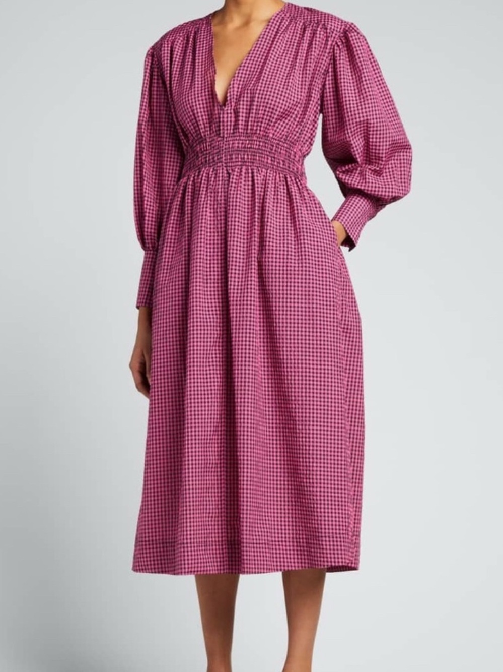 Ganni seersucker Gingham V-Neck Smocked Midi Dress like new